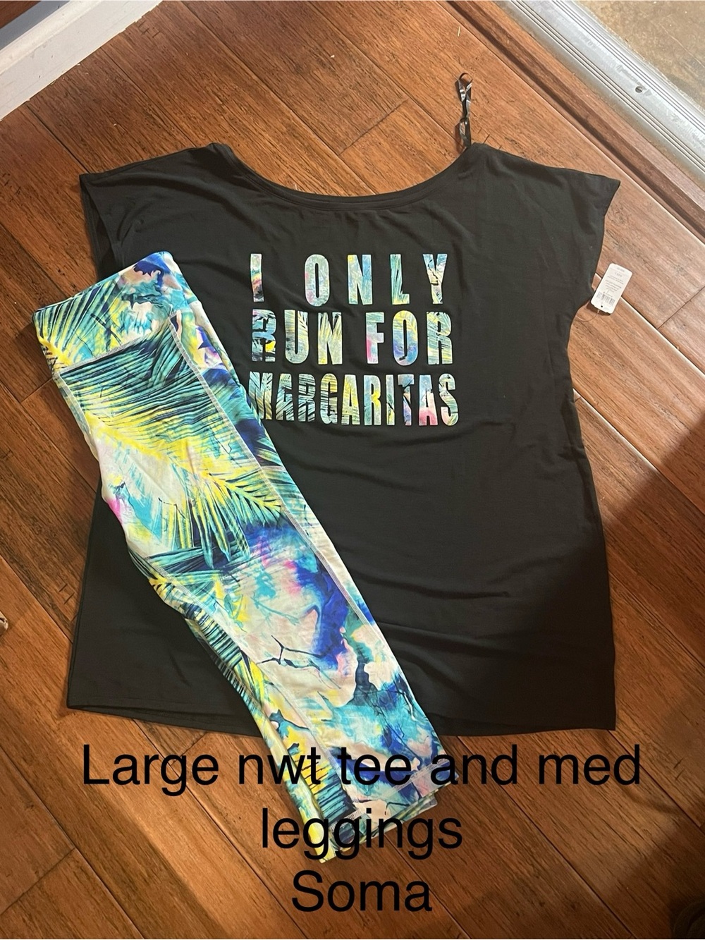 Soma Black Tee with Multicolor Tropical Capris